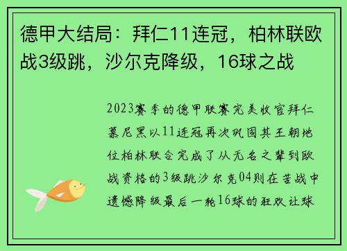 德甲大结局：拜仁11连冠，柏林联欧战3级跳，沙尔克降级，16球之战