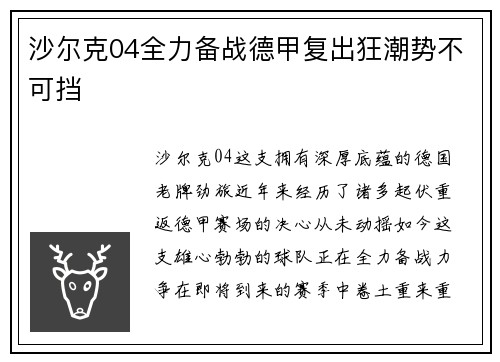 沙尔克04全力备战德甲复出狂潮势不可挡