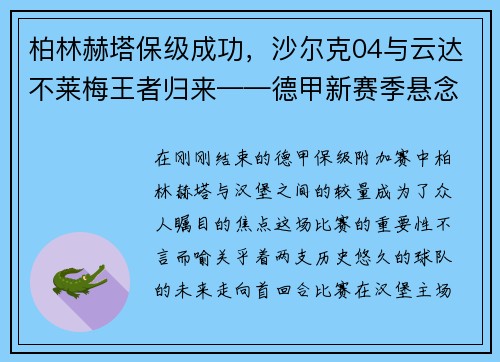 柏林赫塔保级成功，沙尔克04与云达不莱梅王者归来——德甲新赛季悬念丛生