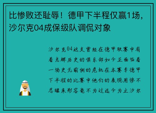 比惨败还耻辱！德甲下半程仅赢1场，沙尔克04成保级队调侃对象